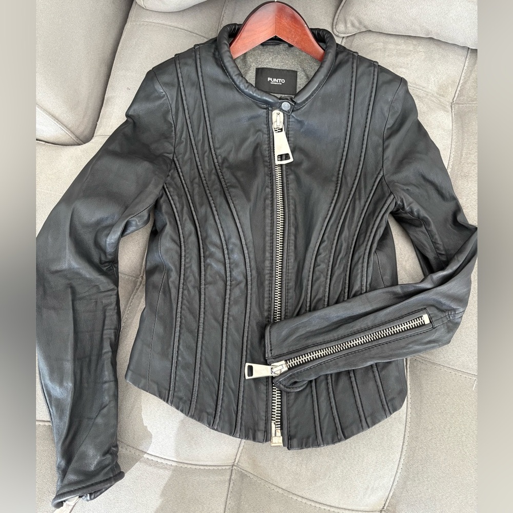 Sandro Style Punto Leather Jacket Black Size US 6-8 Italian Brand PUNTO Leather